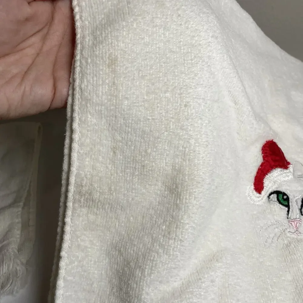 Vintage R.A. Briggs White Cat in Santa Hat 2 Hand Towels Christmas Decor